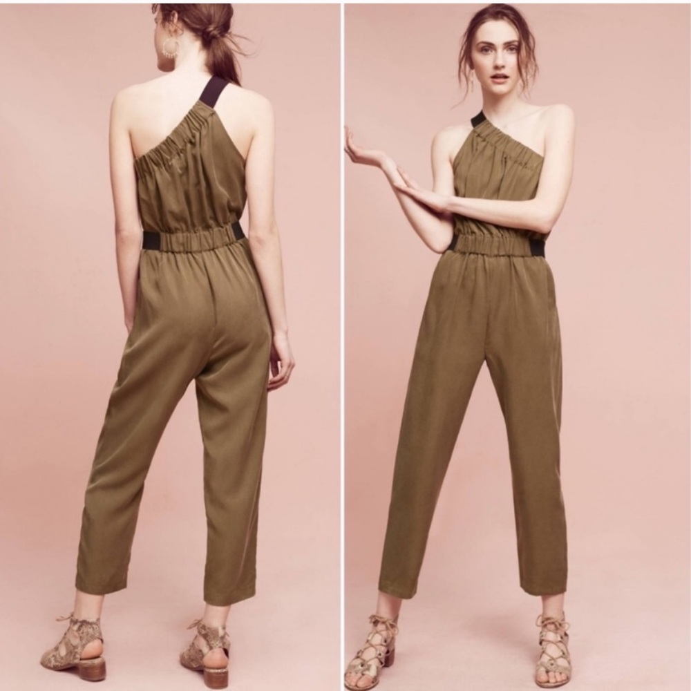 Maeve Olive One-Shoulder Jumpsuit with Black Strap Size 2